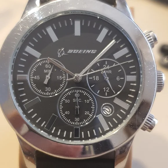 Boeing Silver/Black Leather Chronograph Men's Watch w/Date - Picture 1 of 4